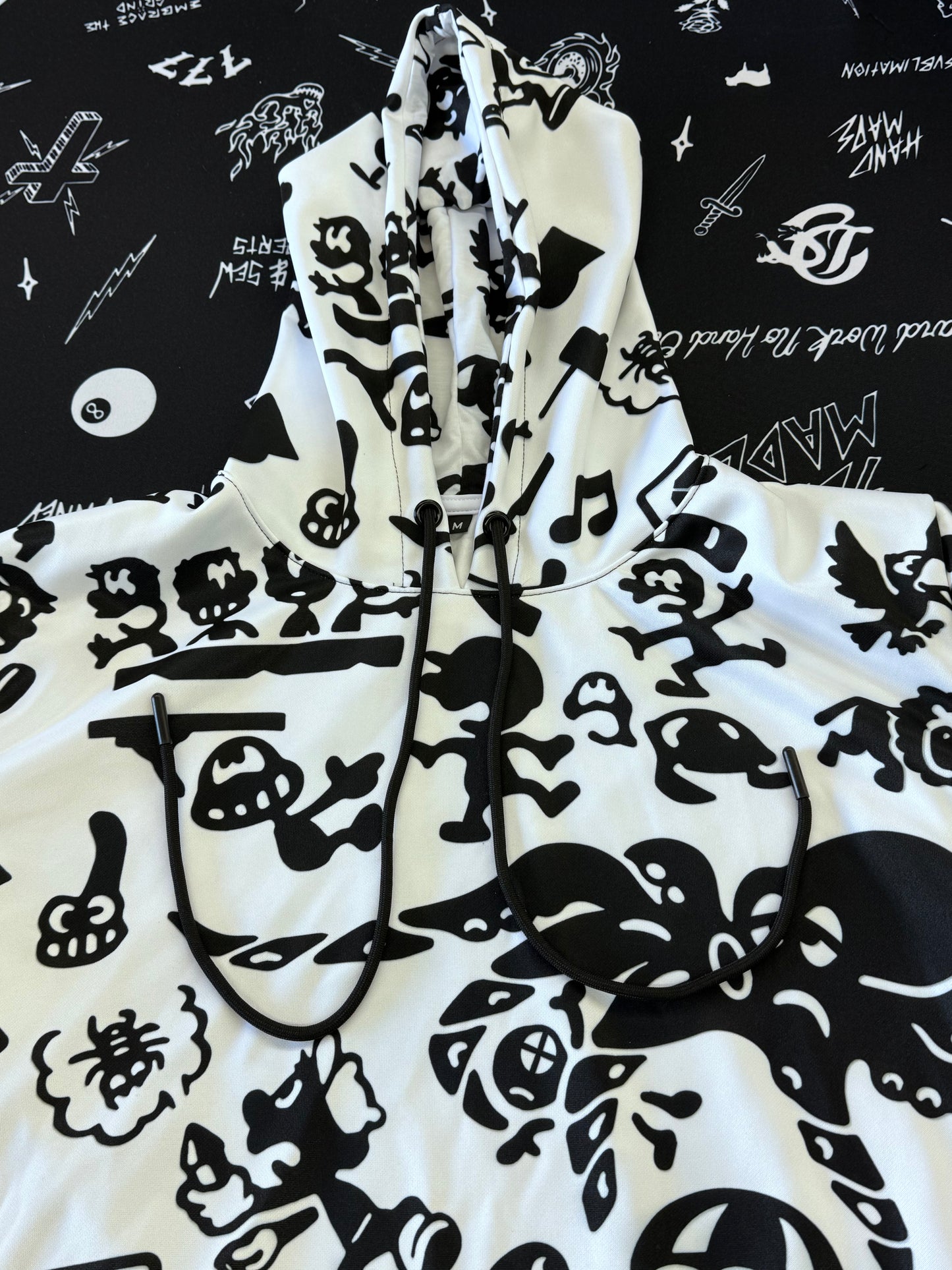 GNW Characters Pattern Hoodie (Black on White)