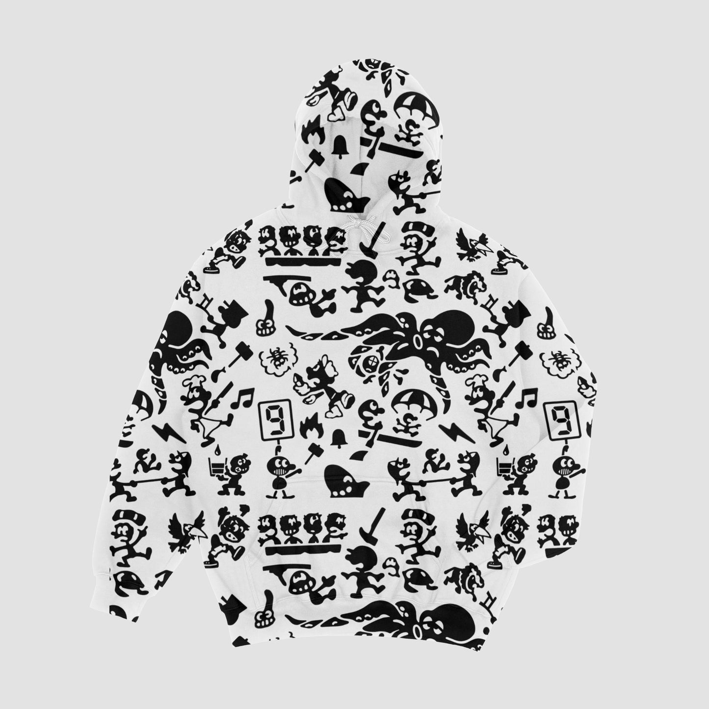 GNW Characters Pattern Hoodie (Black on White)